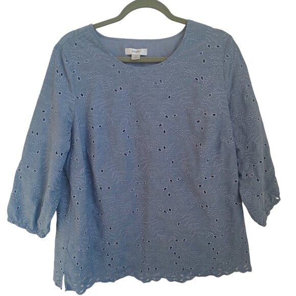 CJ Banks Top Blue Cotton Eyelet Lace Popover Womens 1X - Picture 1 of 13
